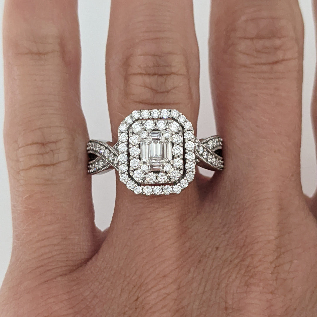 14K WHITE 1.02 CARAT TOTAL WEIGHT SI1 I DIAMOND EMERALD CUT (5) ROUND (88) CLUSTER HALO ESTATE RING 5.7 GRAMS