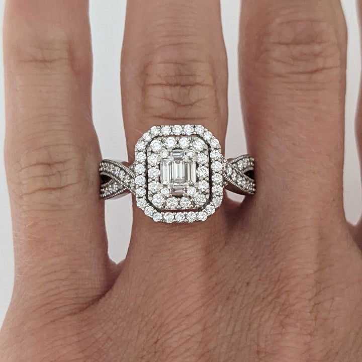 14K WHITE 1.02 CARAT TOTAL WEIGHT SI1 I DIAMOND EMERALD CUT (5) ROUND (88) CLUSTER HALO ESTATE RING 5.7 GRAMS