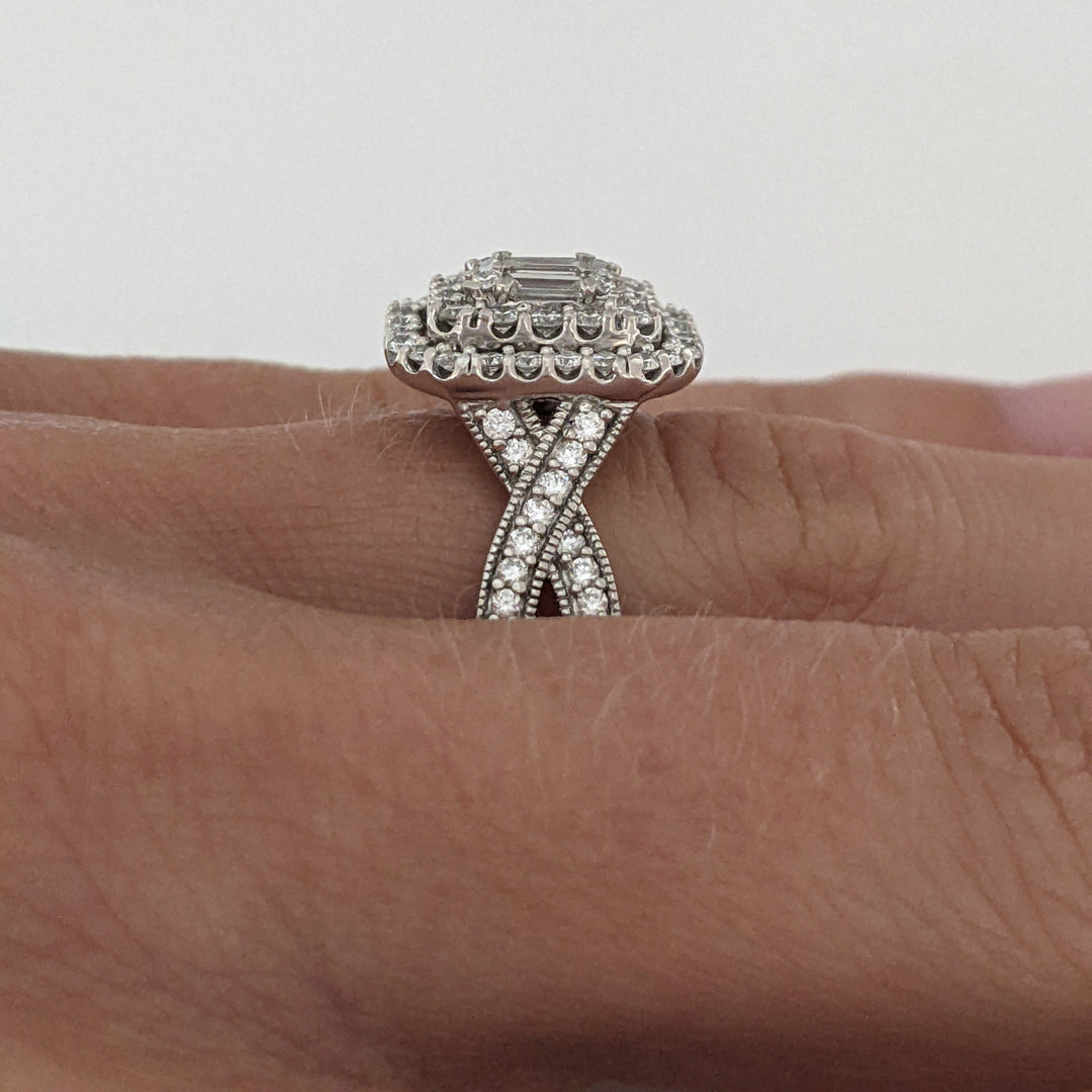 14K WHITE 1.02 CARAT TOTAL WEIGHT SI1 I DIAMOND EMERALD CUT (5) ROUND (88) CLUSTER HALO ESTATE RING 5.7 GRAMS