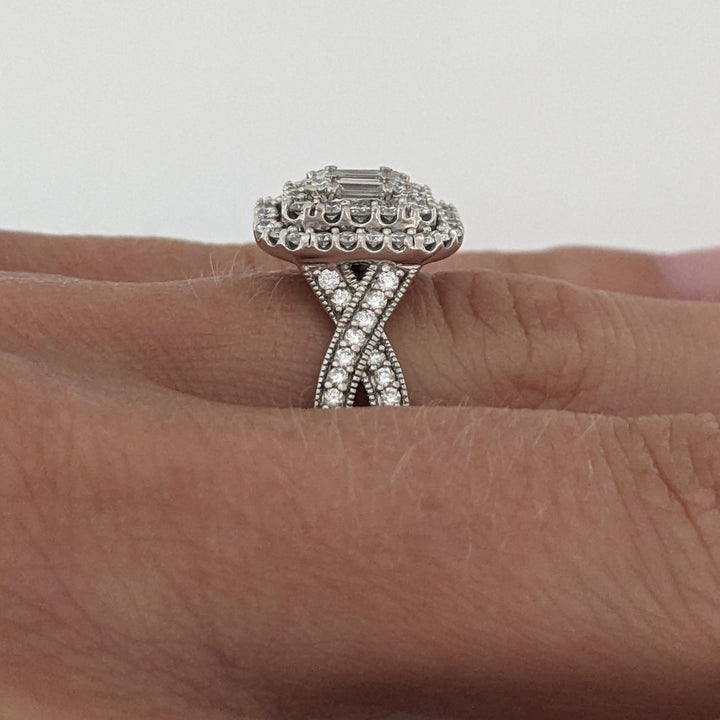 14K WHITE 1.02 CARAT TOTAL WEIGHT SI1 I DIAMOND EMERALD CUT (5) ROUND (88) CLUSTER HALO ESTATE RING 5.7 GRAMS