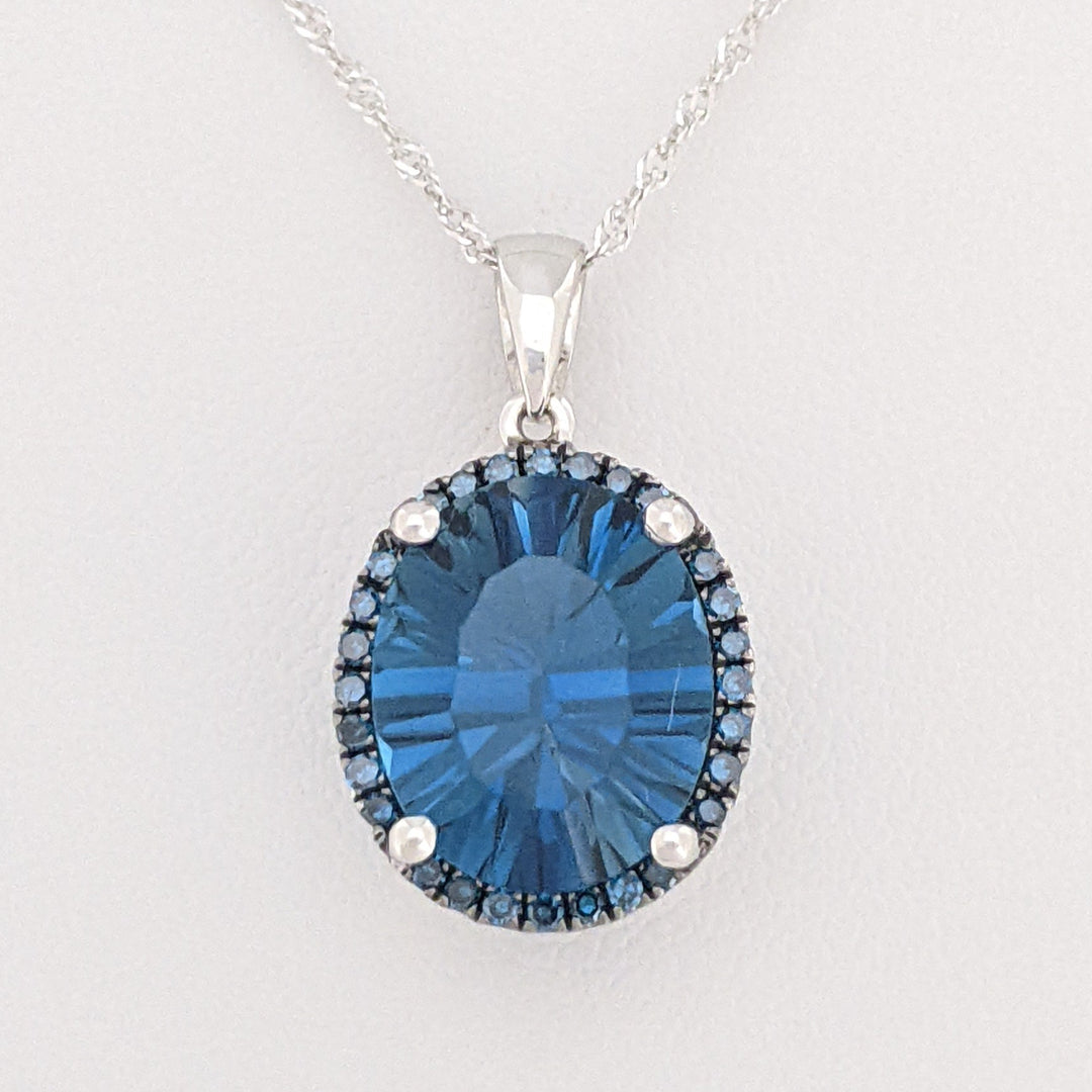 14K WHITE LONDON BLUE TOPAZ OVAL 9X11 WITH SAPPHIRE ROUND HALO ESTATE PENDANT &amp; CHAIN 2.5 GRAMS