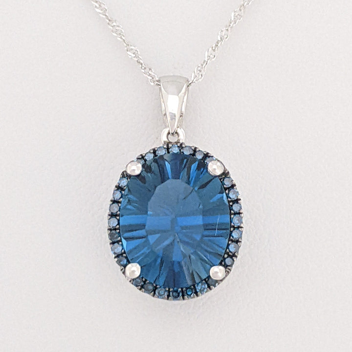 14K WHITE LONDON BLUE TOPAZ OVAL 9X11 WITH SAPPHIRE ROUND HALO ESTATE PENDANT &amp; CHAIN 2.5 GRAMS