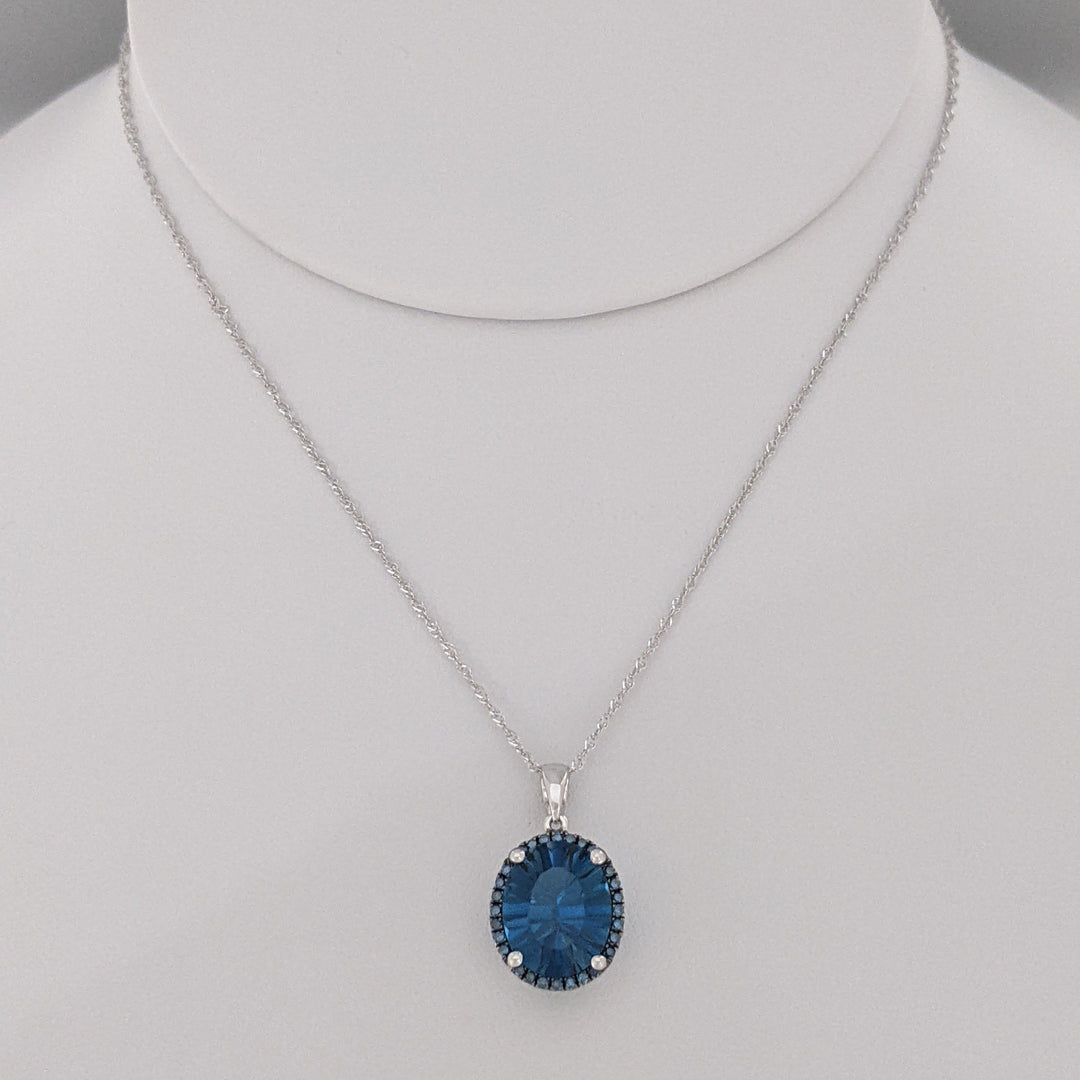 14K WHITE LONDON BLUE TOPAZ OVAL 9X11 WITH SAPPHIRE ROUND HALO ESTATE PENDANT &amp; CHAIN 2.5 GRAMS