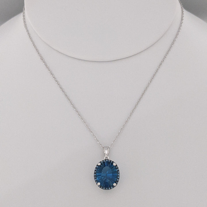 14K WHITE LONDON BLUE TOPAZ OVAL 9X11 WITH SAPPHIRE ROUND HALO ESTATE PENDANT &amp; CHAIN 2.5 GRAMS