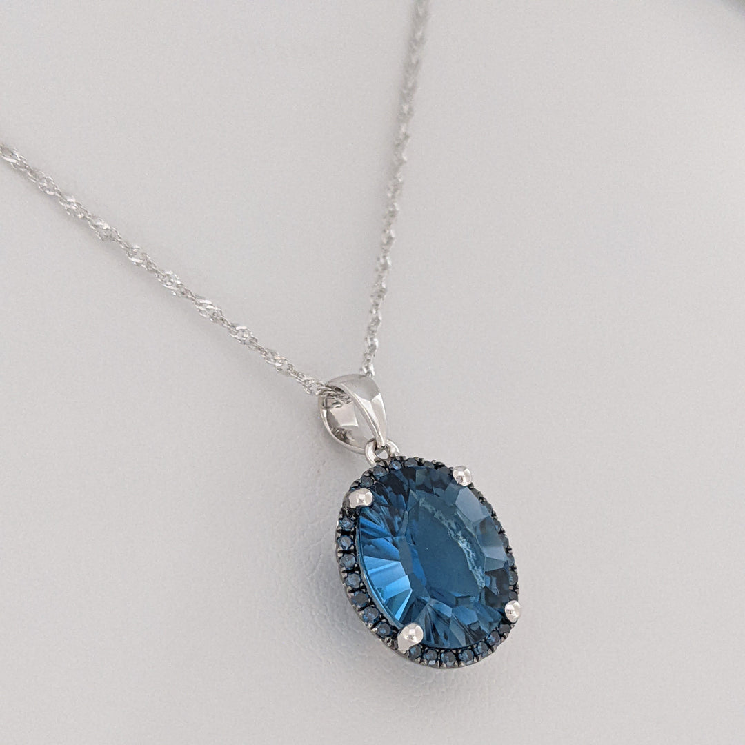 14K WHITE LONDON BLUE TOPAZ OVAL 9X11 WITH SAPPHIRE ROUND HALO ESTATE PENDANT &amp; CHAIN 2.5 GRAMS