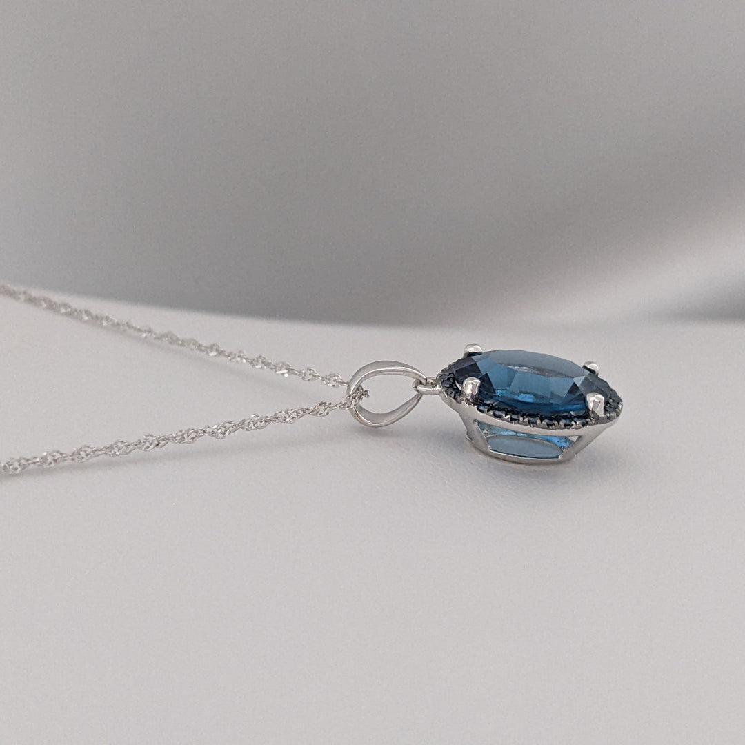 14K WHITE LONDON BLUE TOPAZ OVAL 9X11 WITH SAPPHIRE ROUND HALO ESTATE PENDANT &amp; CHAIN 2.5 GRAMS
