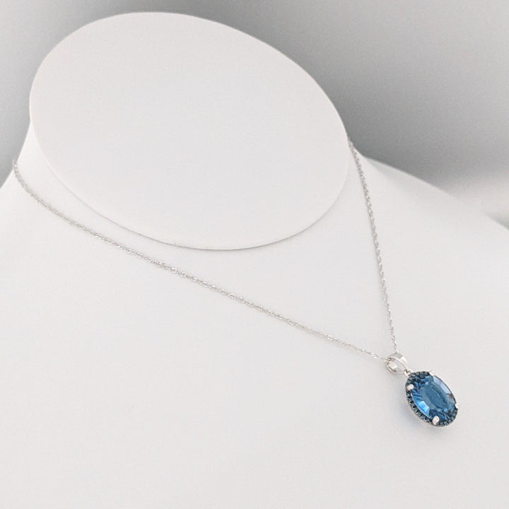 14K WHITE LONDON BLUE TOPAZ OVAL 9X11 WITH SAPPHIRE ROUND HALO ESTATE PENDANT &amp; CHAIN 2.5 GRAMS