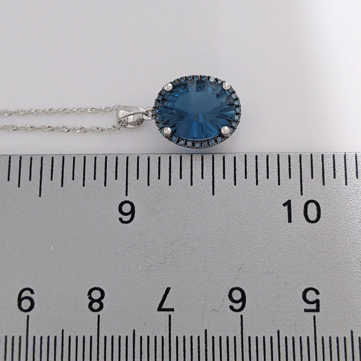 14K WHITE LONDON BLUE TOPAZ OVAL 9X11 WITH SAPPHIRE ROUND HALO ESTATE PENDANT &amp; CHAIN 2.5 GRAMS