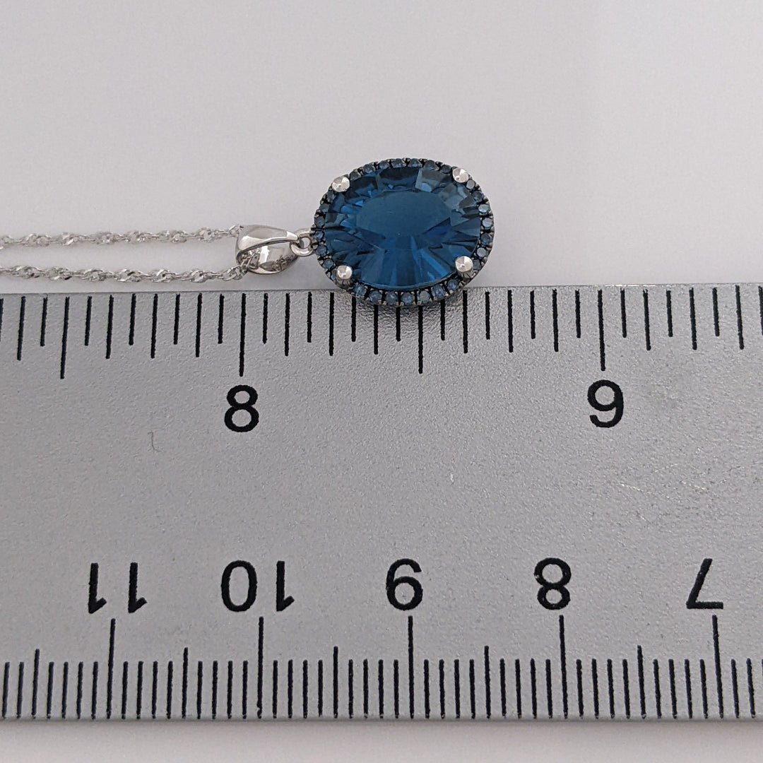 14K WHITE LONDON BLUE TOPAZ OVAL 9X11 WITH SAPPHIRE ROUND HALO ESTATE PENDANT &amp; CHAIN 2.5 GRAMS