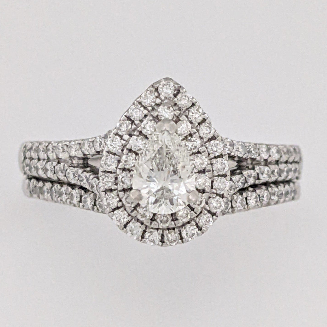 14K WHITE 1.12 CARAT TOTAL WEIGHT SI1 I DIAMOND PEAR (1) ROUND (93) ESTATE HALO RING 5.6 GRAMS