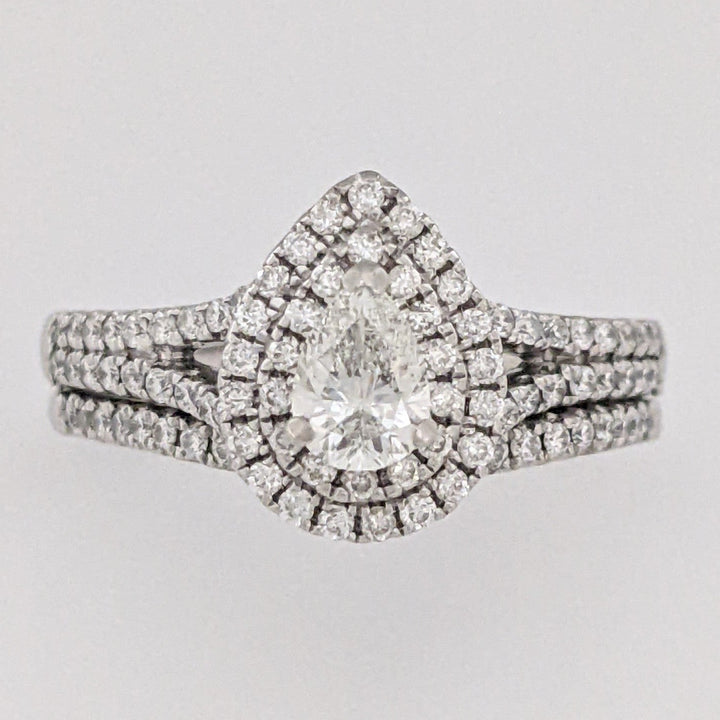 14K WHITE 1.12 CARAT TOTAL WEIGHT SI1 I DIAMOND PEAR (1) ROUND (93) ESTATE HALO RING 5.6 GRAMS