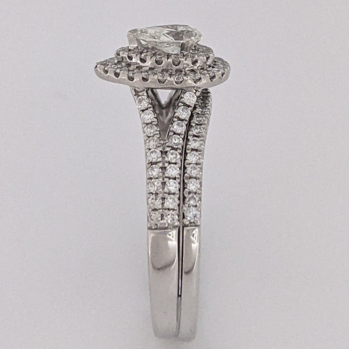 14K WHITE 1.12 CARAT TOTAL WEIGHT SI1 I DIAMOND PEAR (1) ROUND (93) ESTATE HALO RING 5.6 GRAMS