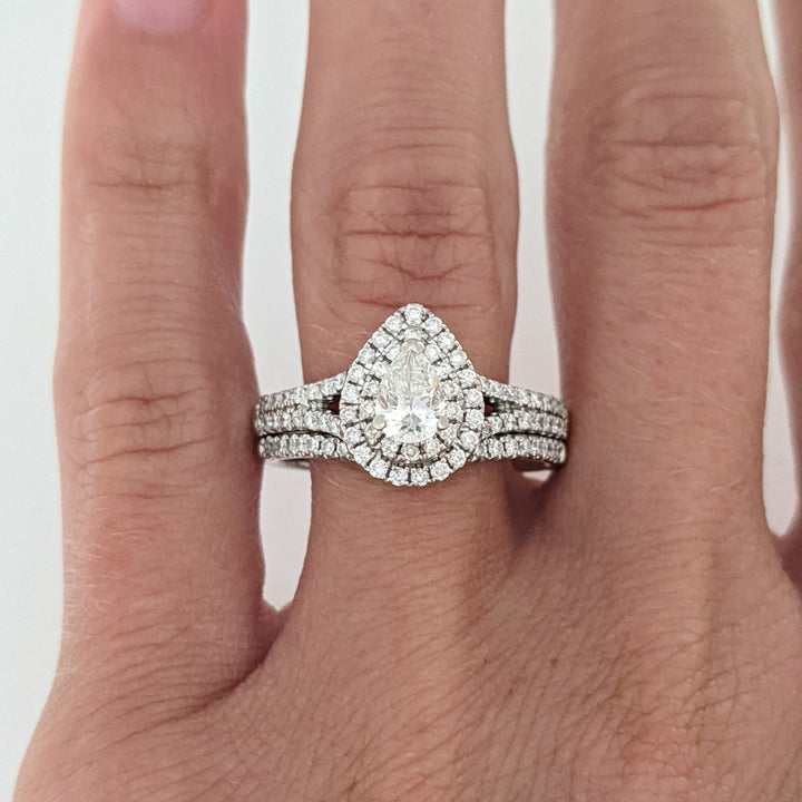 14K WHITE 1.12 CARAT TOTAL WEIGHT SI1 I DIAMOND PEAR (1) ROUND (93) ESTATE HALO RING 5.6 GRAMS