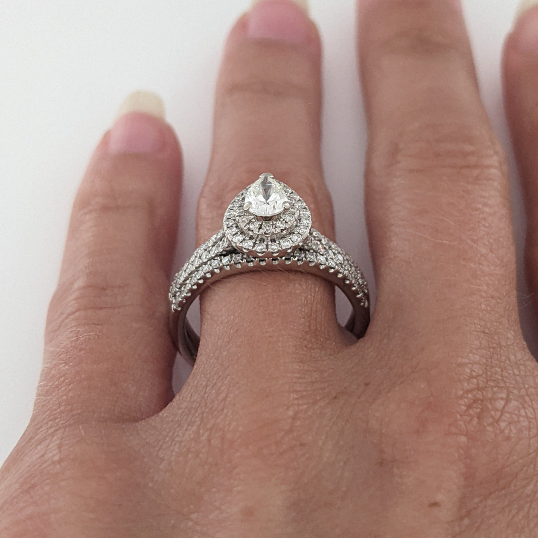 14K WHITE 1.12 CARAT TOTAL WEIGHT SI1 I DIAMOND PEAR (1) ROUND (93) ESTATE HALO RING 5.6 GRAMS