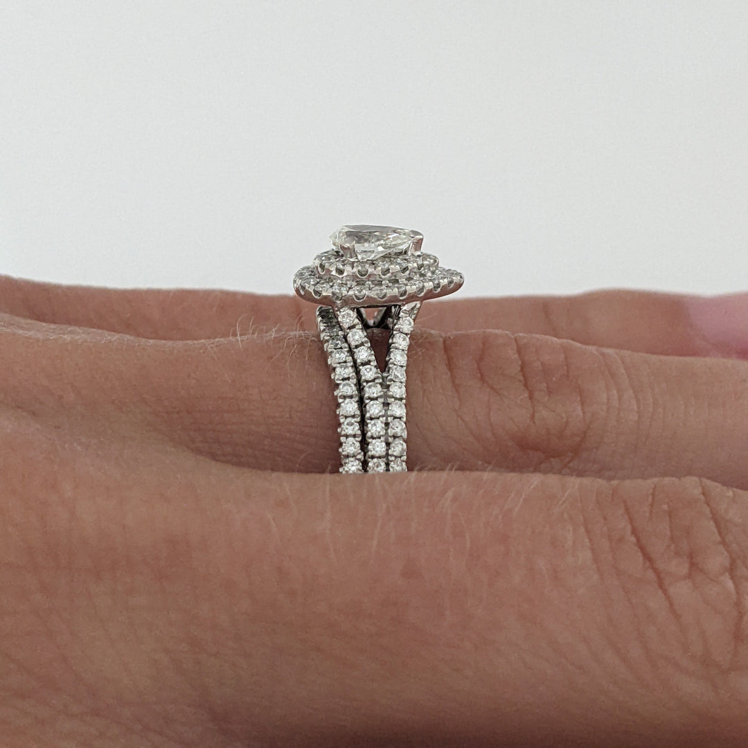 14K WHITE 1.12 CARAT TOTAL WEIGHT SI1 I DIAMOND PEAR (1) ROUND (93) ESTATE HALO RING 5.6 GRAMS