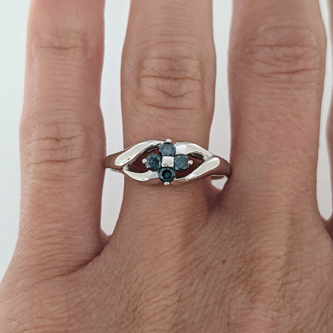 14K WHITE .20 CARAT TOTAL WEIGHT BLUE DIAMOND ROUND (4) FLORAL OPEN TOP ESTATE RING 3.3 GRAMS