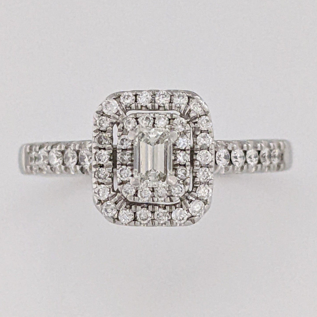 10K WHITE .50 CARAT TOTAL WEIGHT SI1 I DIAMOND EMERALD CUT (1) ROUND (49) ESTATE HALO RING 3.0 GRAMS