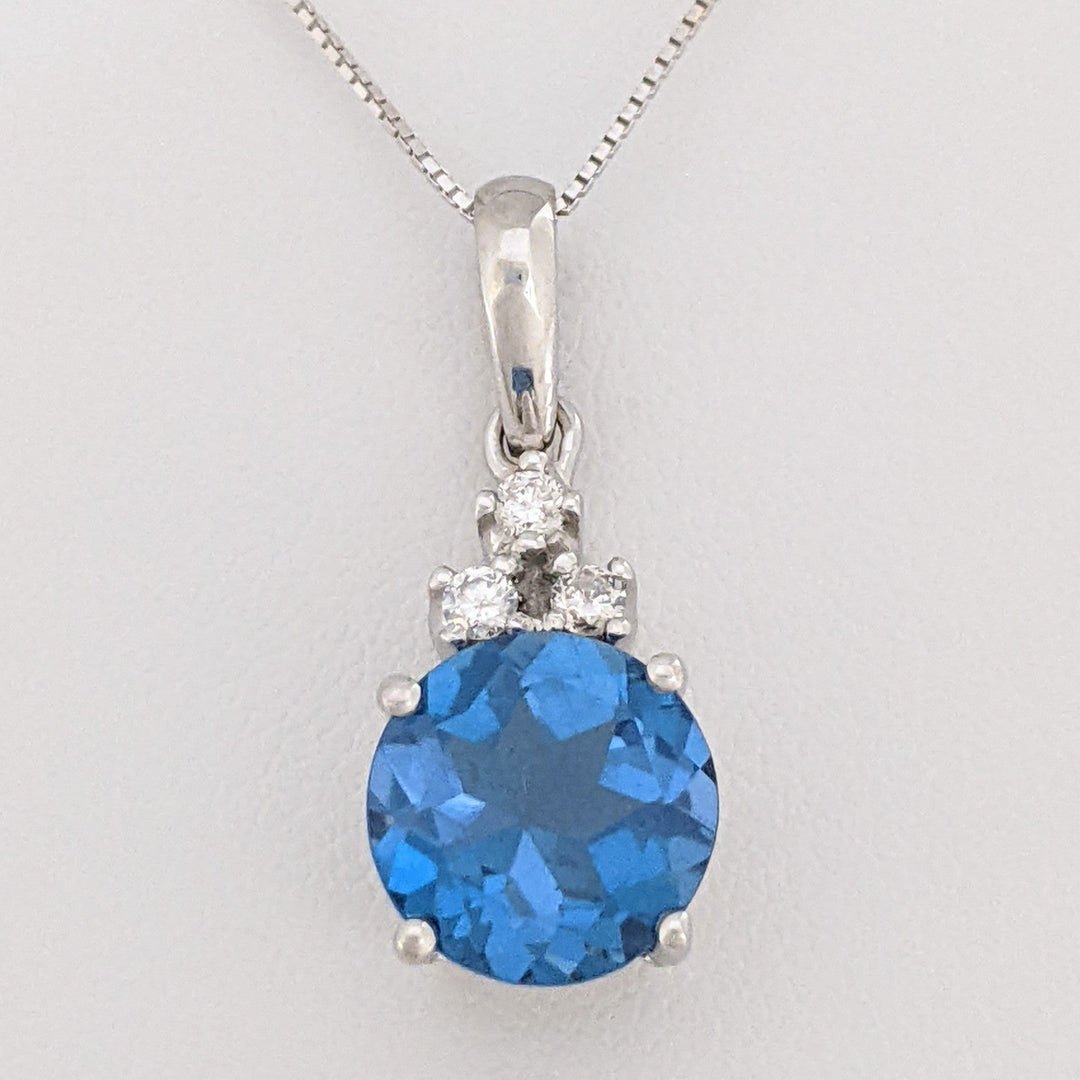 14K WHITE BLUE TOPAZ ROUND 9MM WITH (3) MELEE ESTATE PENDANT &amp; CHAIN 3.7 GRAMS
