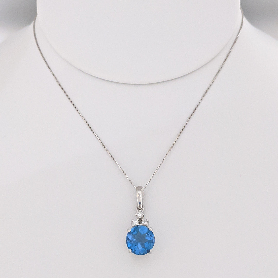 14K WHITE BLUE TOPAZ ROUND 9MM WITH (3) MELEE ESTATE PENDANT &amp; CHAIN 3.7 GRAMS