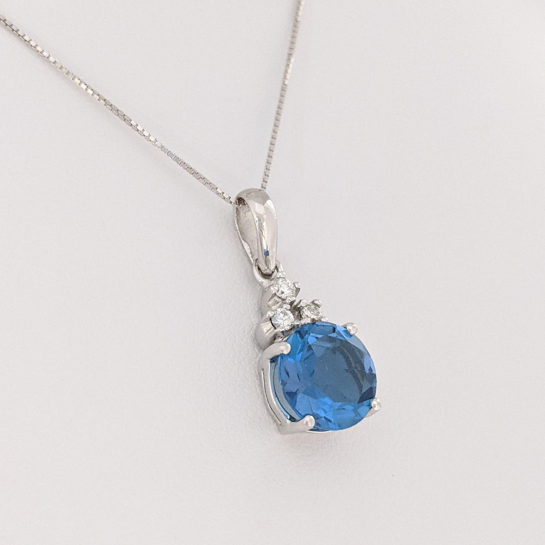 14K WHITE BLUE TOPAZ ROUND 9MM WITH (3) MELEE ESTATE PENDANT &amp; CHAIN 3.7 GRAMS
