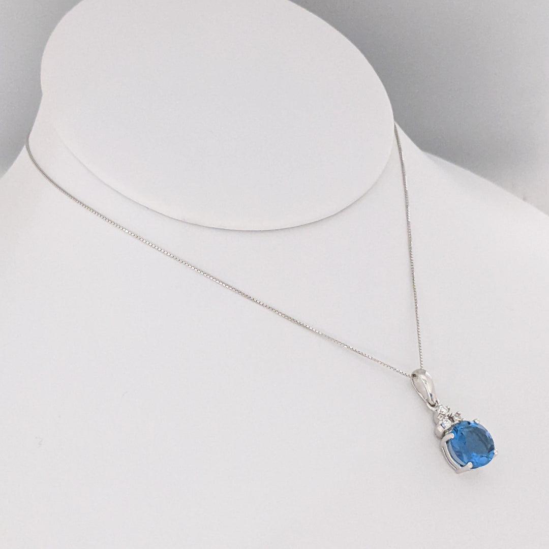 14K WHITE BLUE TOPAZ ROUND 9MM WITH (3) MELEE ESTATE PENDANT &amp; CHAIN 3.7 GRAMS