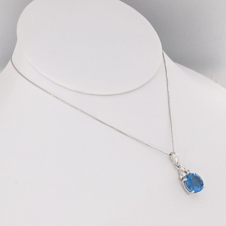 14K WHITE BLUE TOPAZ ROUND 9MM WITH (3) MELEE ESTATE PENDANT &amp; CHAIN 3.7 GRAMS
