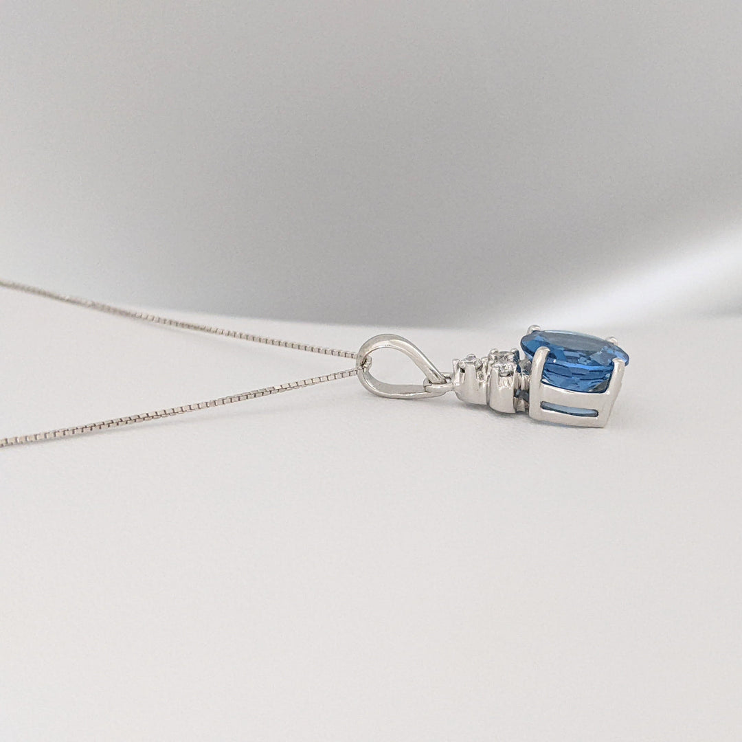 14K WHITE BLUE TOPAZ ROUND 9MM WITH (3) MELEE ESTATE PENDANT &amp; CHAIN 3.7 GRAMS