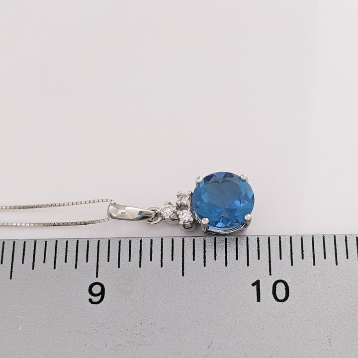 14K WHITE BLUE TOPAZ ROUND 9MM WITH (3) MELEE ESTATE PENDANT &amp; CHAIN 3.7 GRAMS