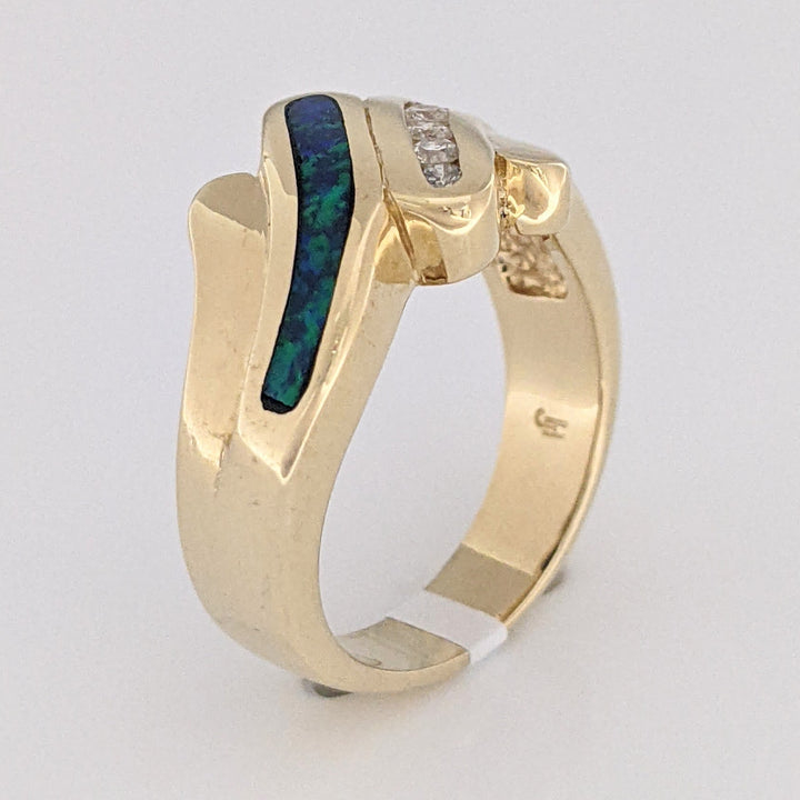 14K DOUBLET OPAL CHANNEL WITH .20 DIAMOND TOTAL WEIGHT (6) ROUND ESTATE RING 7.1 GRAMS