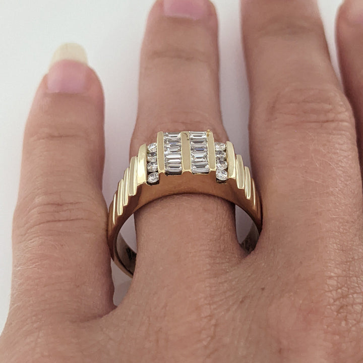 14K .84 CARAT TOTAL SI1 I DIAMOND EMERALD CUT (10) ROUND (8) 4-ROW ESTATE RING 8.5 GRAMS