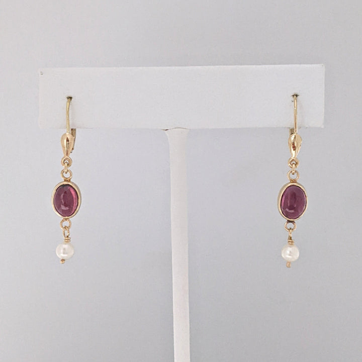 14K GARNET CABOCHON 6X8 WITH PEARL ESTATE DANGLE EARRINGS 2.7 GRAMS