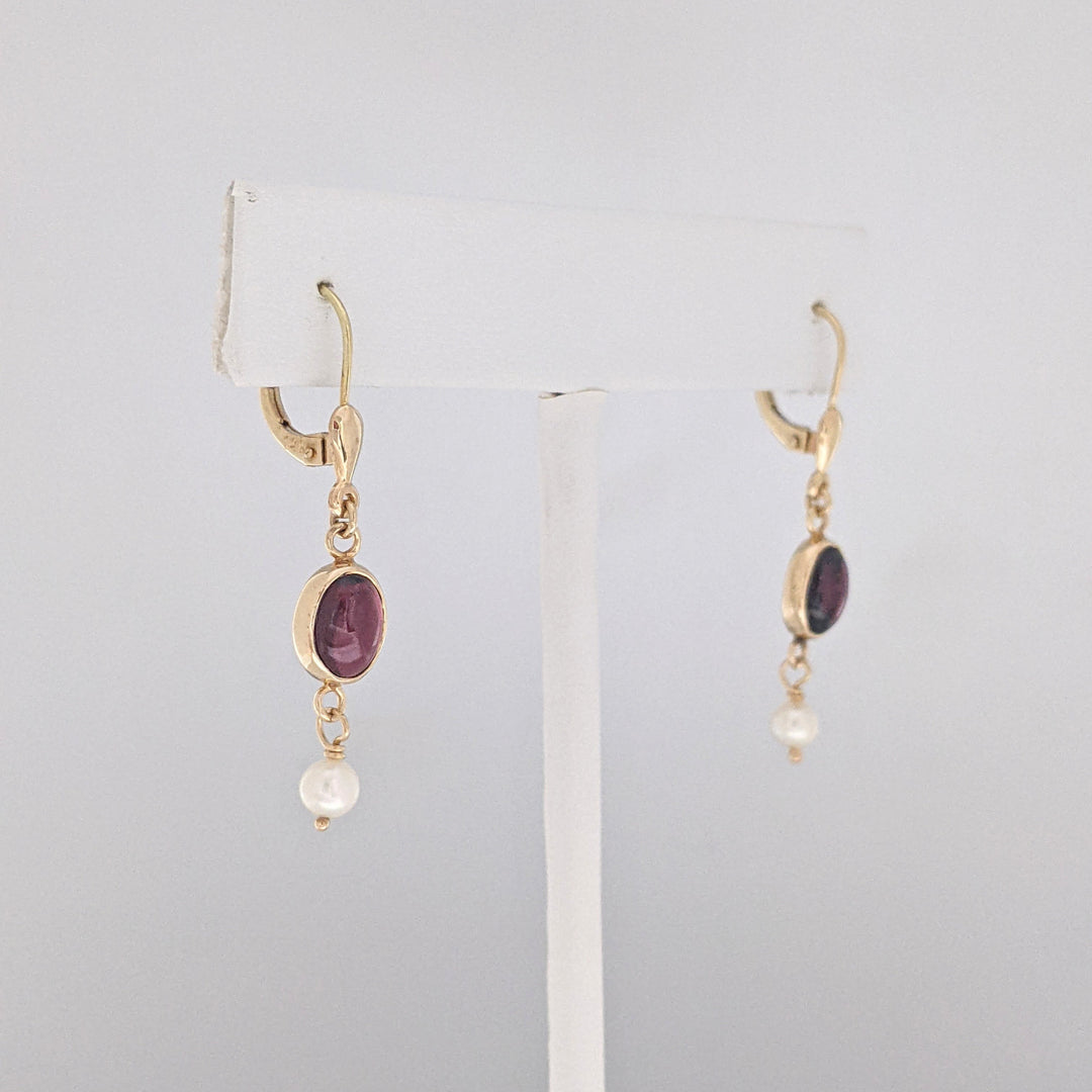 14K GARNET CABOCHON 6X8 WITH PEARL ESTATE DANGLE EARRINGS 2.7 GRAMS