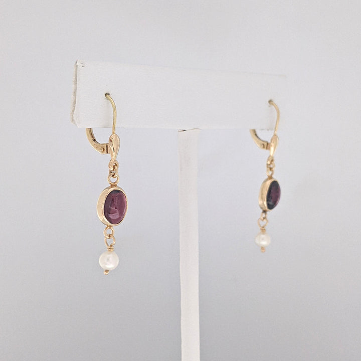 14K GARNET CABOCHON 6X8 WITH PEARL ESTATE DANGLE EARRINGS 2.7 GRAMS