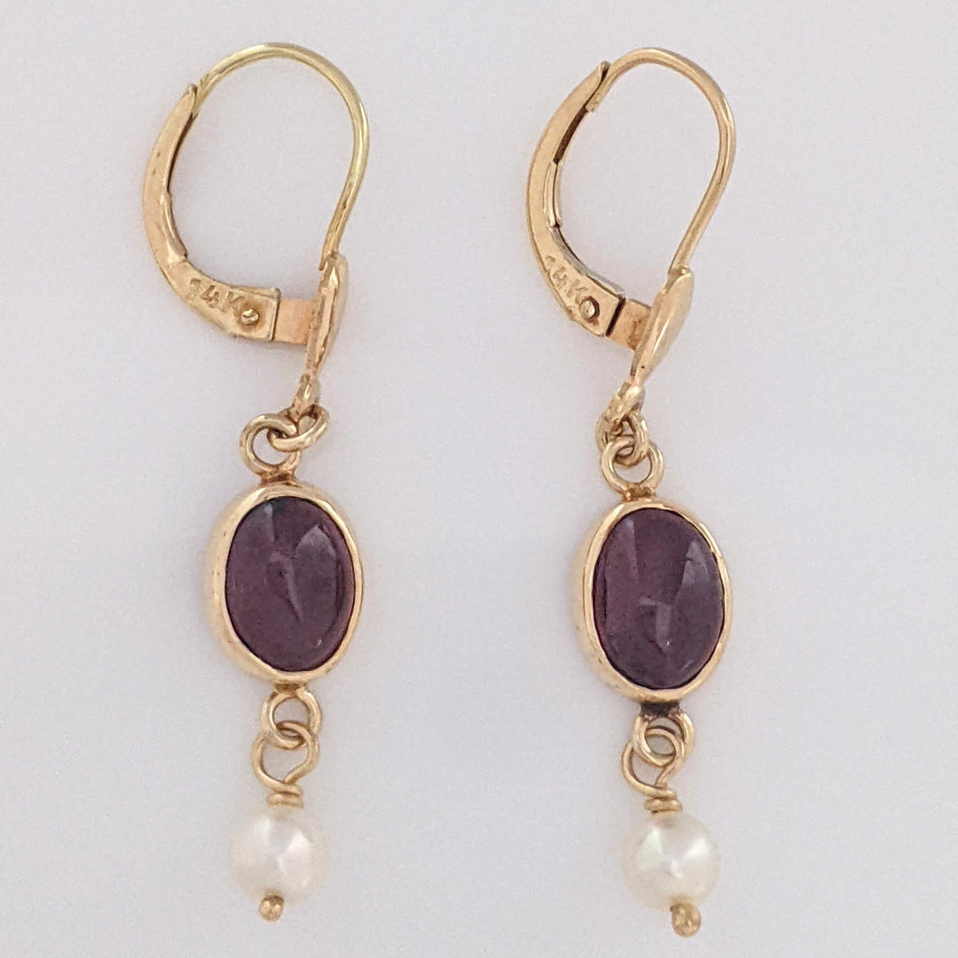 14K GARNET CABOCHON 6X8 WITH PEARL ESTATE DANGLE EARRINGS 2.7 GRAMS