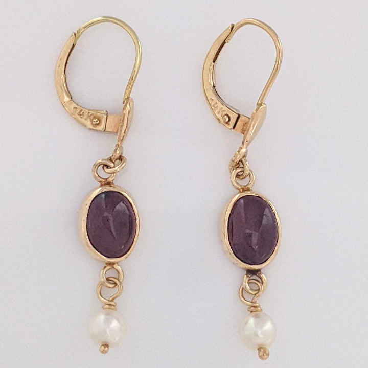 14K GARNET CABOCHON 6X8 WITH PEARL ESTATE DANGLE EARRINGS 2.7 GRAMS