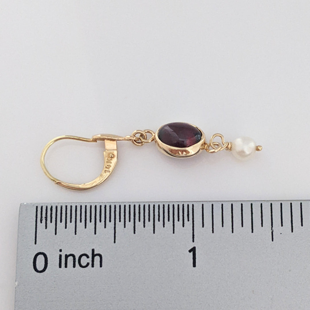 14K GARNET CABOCHON 6X8 WITH PEARL ESTATE DANGLE EARRINGS 2.7 GRAMS