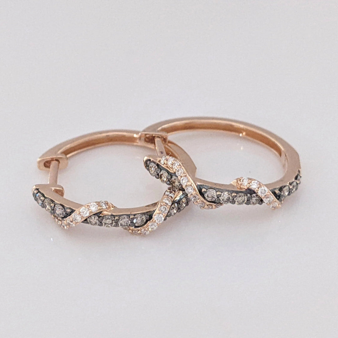 14K ROSE .35 CARAT TOTAL WEIGHT SI1 I/BROWN (60) TWIST ESTATE HOOP EARRINGS 3.4 GRAMS