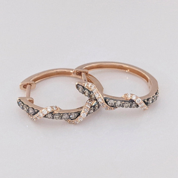 14K ROSE .35 CARAT TOTAL WEIGHT SI1 I/BROWN (60) TWIST ESTATE HOOP EARRINGS 3.4 GRAMS
