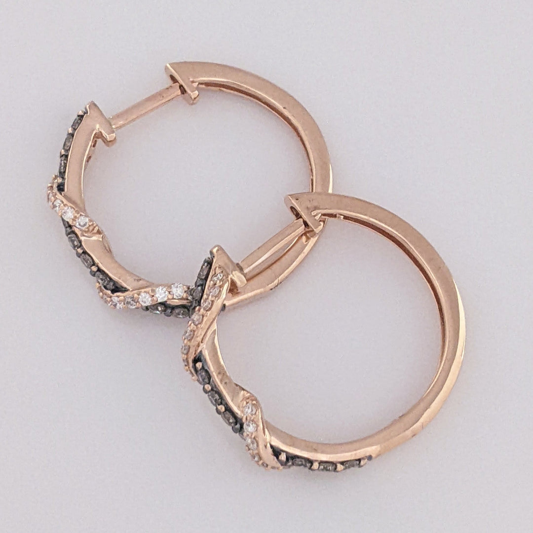 14K ROSE .35 CARAT TOTAL WEIGHT SI1 I/BROWN (60) TWIST ESTATE HOOP EARRINGS 3.4 GRAMS