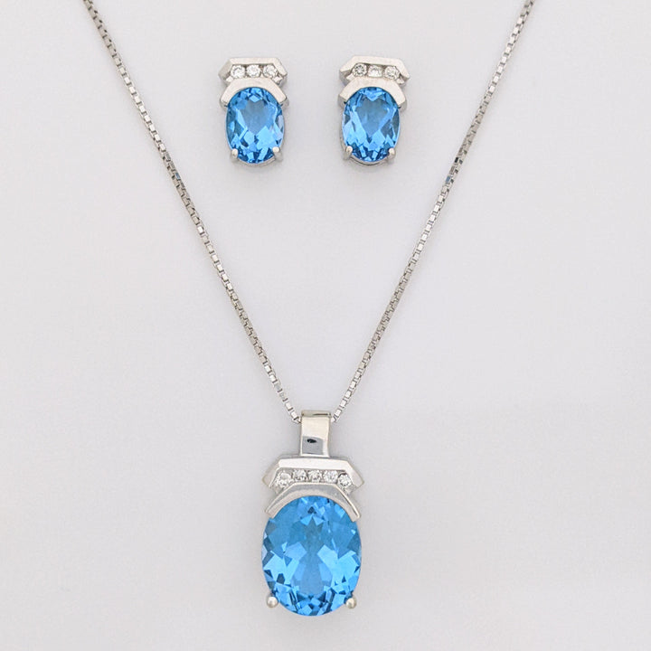 14K WHITE BLUE TOPAZ OVAL 10X12 (1) 6X8 (2) WITH DIAMOND ROUND (11) ESTATE EARRING, PENDANT &amp; CHAIN SET 9.5 GRAMS