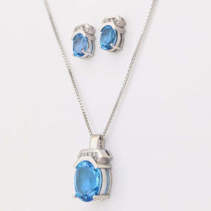 14K WHITE BLUE TOPAZ OVAL 10X12 (1) 6X8 (2) WITH DIAMOND ROUND (11) ESTATE EARRING, PENDANT &amp; CHAIN SET 9.5 GRAMS