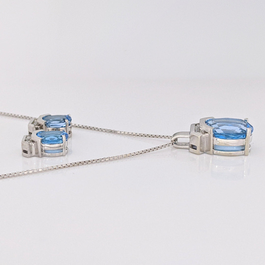 14K WHITE BLUE TOPAZ OVAL 10X12 (1) 6X8 (2) WITH DIAMOND ROUND (11) ESTATE EARRING, PENDANT &amp; CHAIN SET 9.5 GRAMS