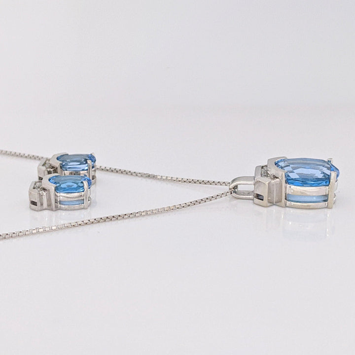14K WHITE BLUE TOPAZ OVAL 10X12 (1) 6X8 (2) WITH DIAMOND ROUND (11) ESTATE EARRING, PENDANT &amp; CHAIN SET 9.5 GRAMS