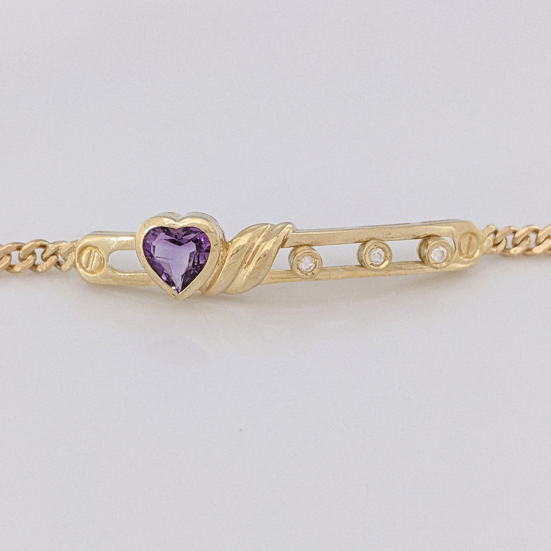 14K AMETHYST HEART 7MM WITH (3) MELEE MOVABLE ESTATE BRACELET 8.4 GRAMS