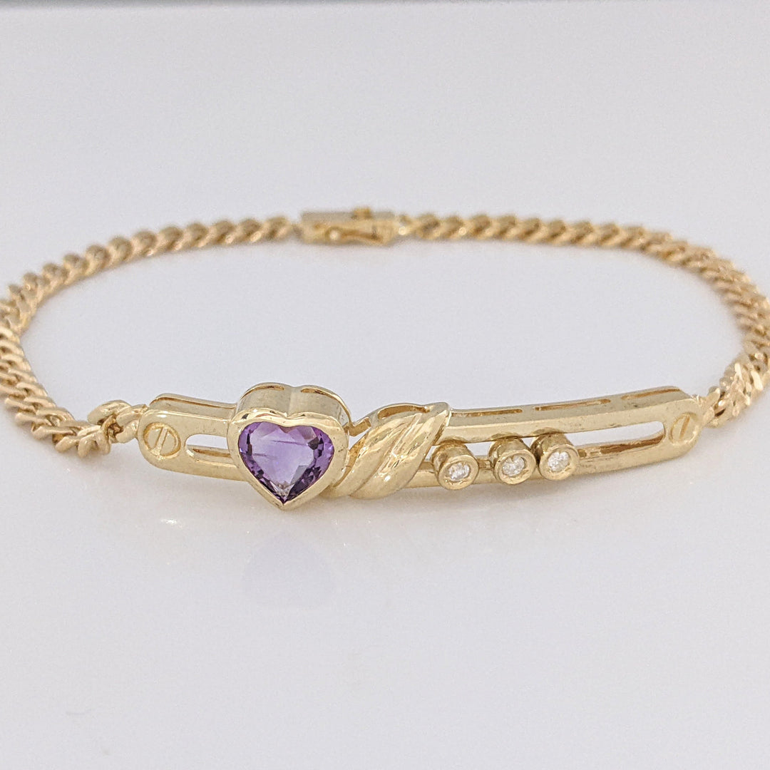 14K AMETHYST HEART 7MM WITH (3) MELEE MOVABLE ESTATE BRACELET 8.4 GRAMS