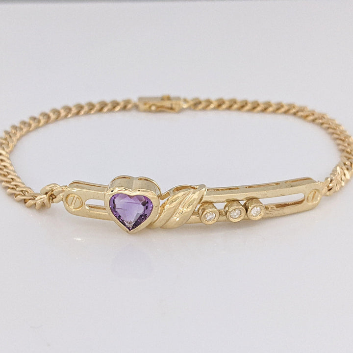 14K AMETHYST HEART 7MM WITH (3) MELEE MOVABLE ESTATE BRACELET 8.4 GRAMS