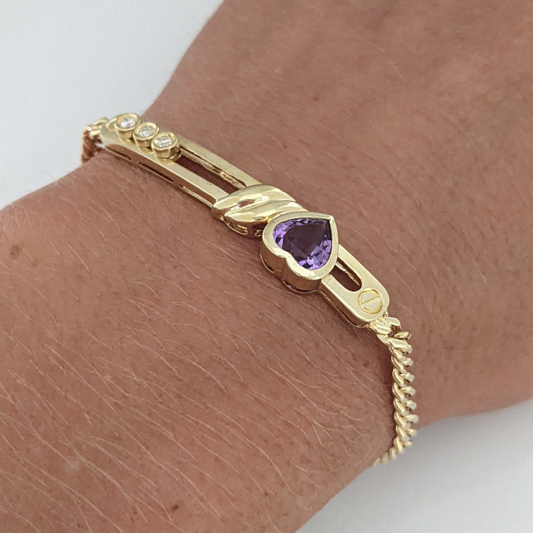 14K AMETHYST HEART 7MM WITH (3) MELEE MOVABLE ESTATE BRACELET 8.4 GRAMS