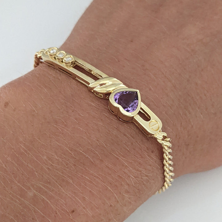 14K AMETHYST HEART 7MM WITH (3) MELEE MOVABLE ESTATE BRACELET 8.4 GRAMS