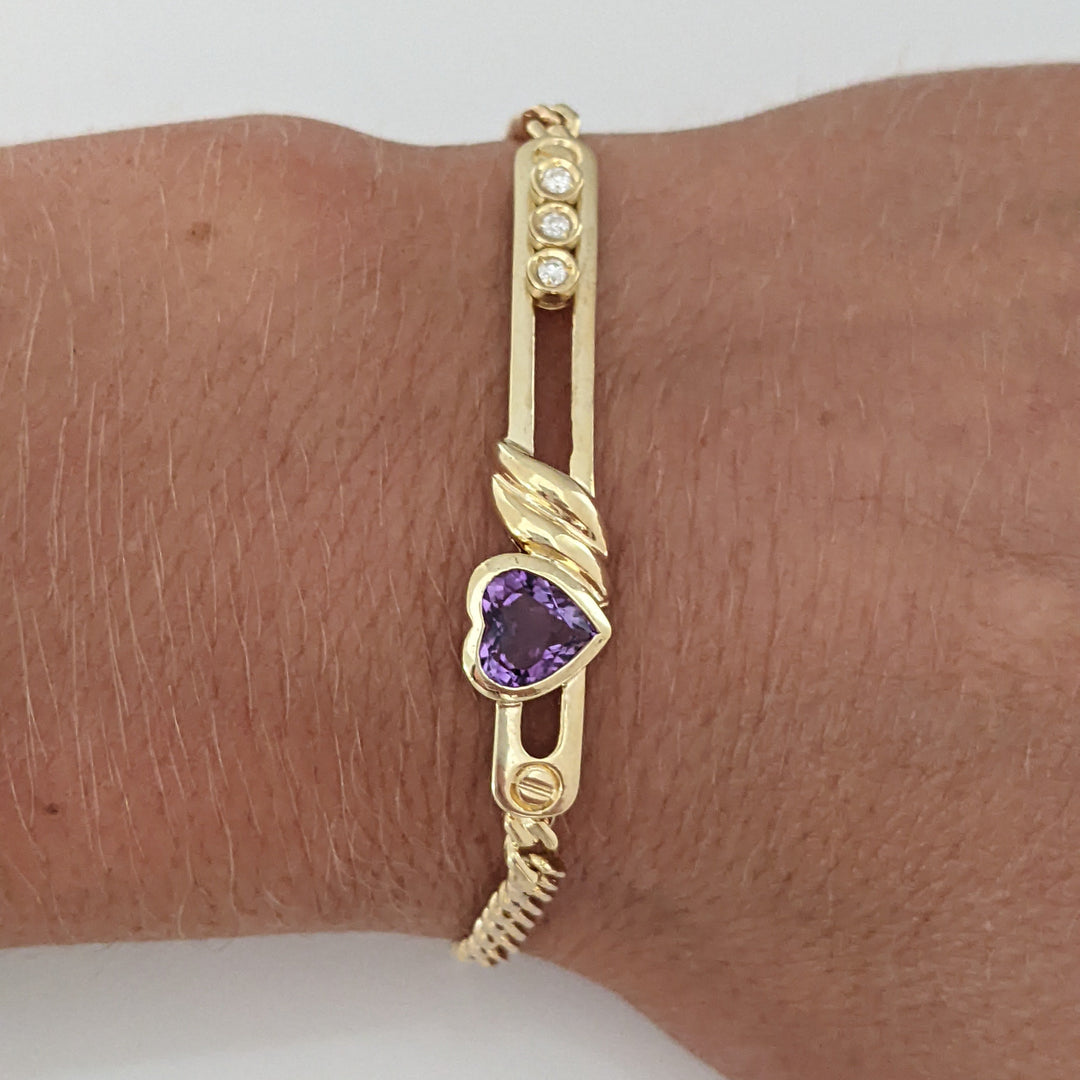 14K AMETHYST HEART 7MM WITH (3) MELEE MOVABLE ESTATE BRACELET 8.4 GRAMS