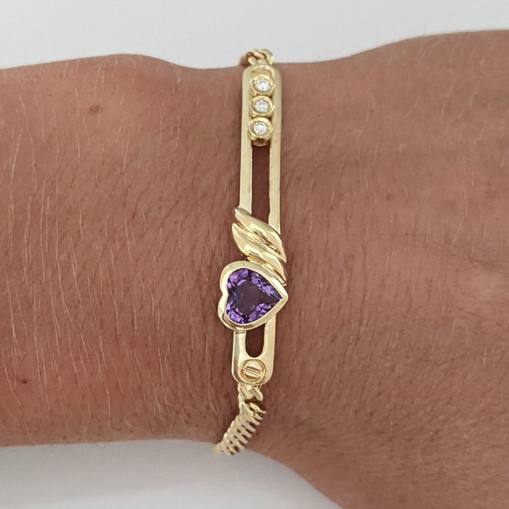 14K AMETHYST HEART 7MM WITH (3) MELEE MOVABLE ESTATE BRACELET 8.4 GRAMS